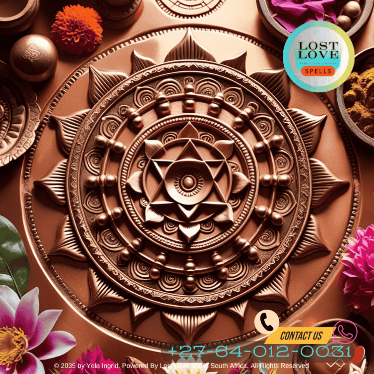 A yantra engraved on copper with sandalwood paste and flower offerings