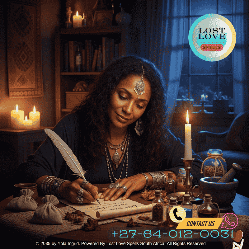 African Healer Lady Yola Ingrid writing a love spell letter by candlelight under a full moon.