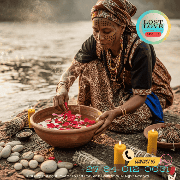 African healer preparing a love ritual with river water and flower petals