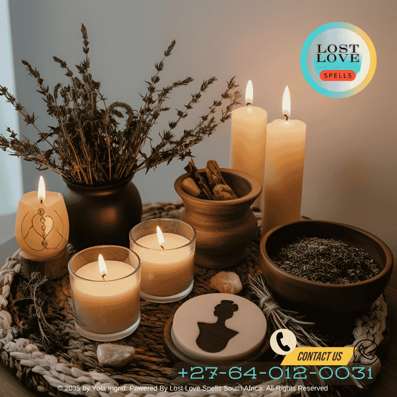 An ancestral altar lit with incense and flowers during a lost love ceremony.
