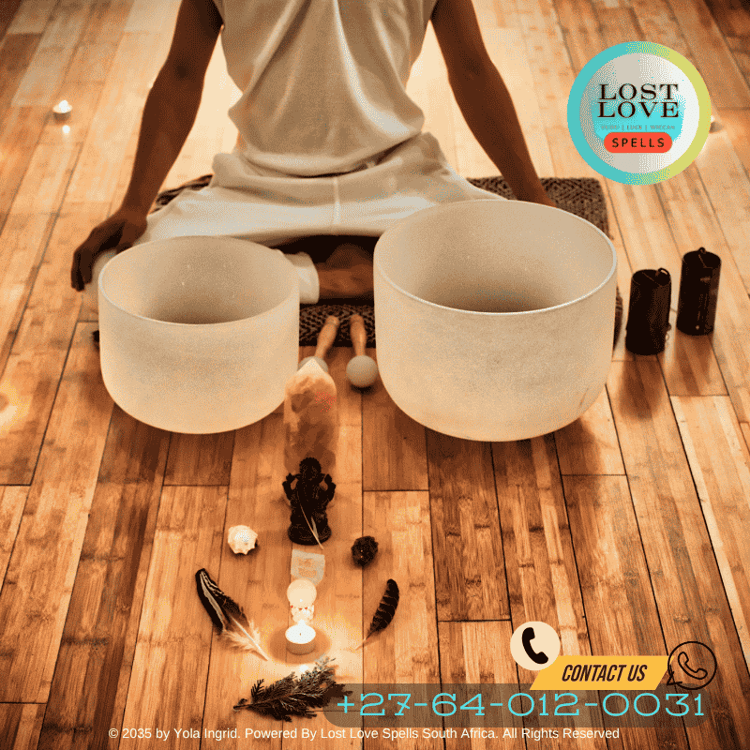 An ancestral bowl with water, herbs, and crystals under moonlight, symbolizing a ritual in progress.