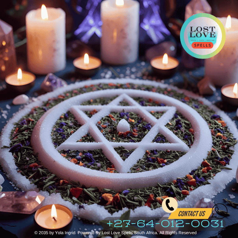 An energy protection symbol drawn in salt or herbs on a spiritual altar.