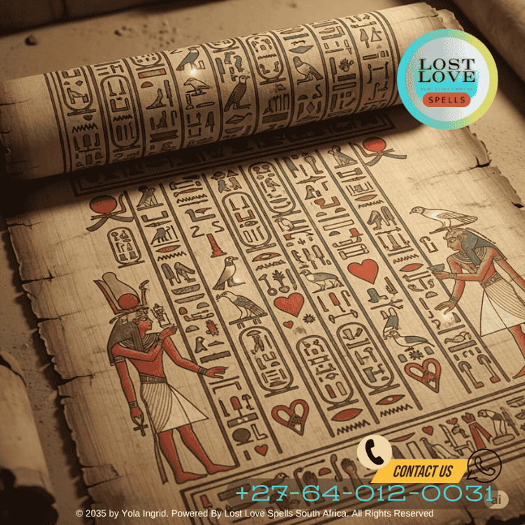 Ancient Egyptian love spell papyrus scroll with hieroglyphs
