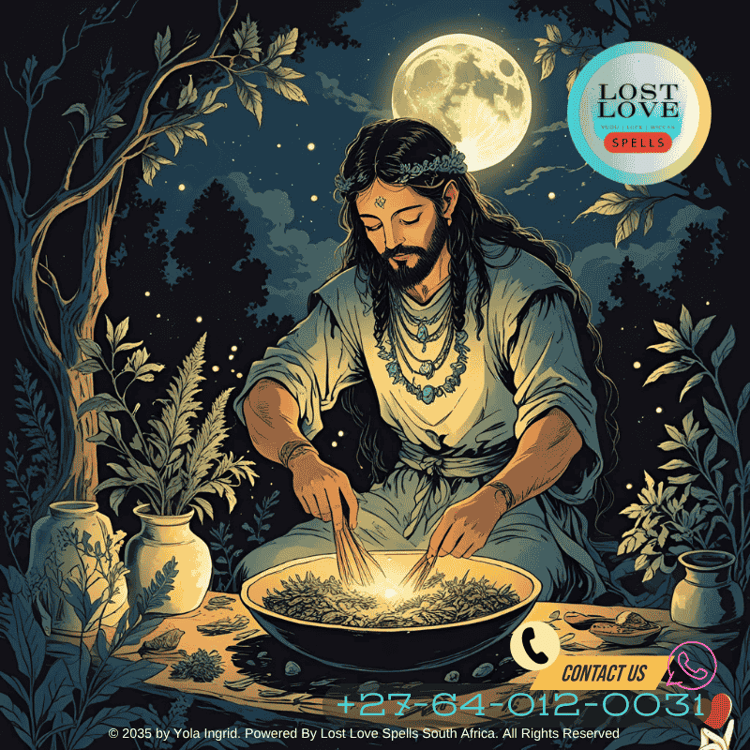 Ancient illustration showing a healer mixing herbs under the moonlight