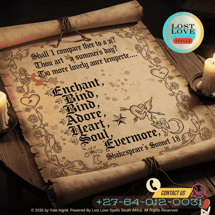 Ancient-looking scroll with Shakespearean text styled like a love spell
