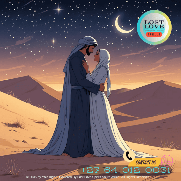 Artistic depiction of Layla and Majnun embracing beneath a starlit desert sky