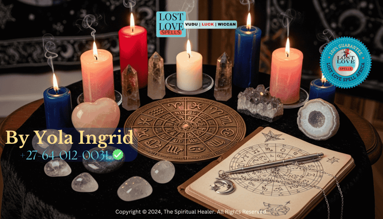 Astrological love spell altar with candles, zodiac wheel, and crystals.