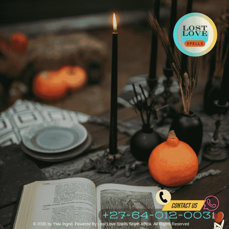 Autumn altar with candles, apples, and cinnamon for commitment spells