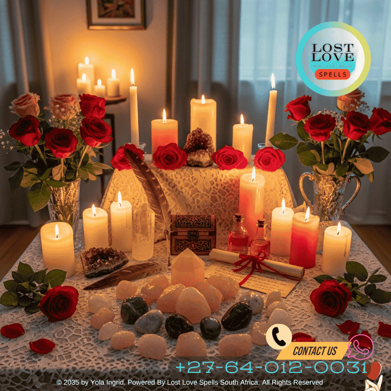 Beautiful love spell altar setup with candles, crystals, and roses in a calm room.