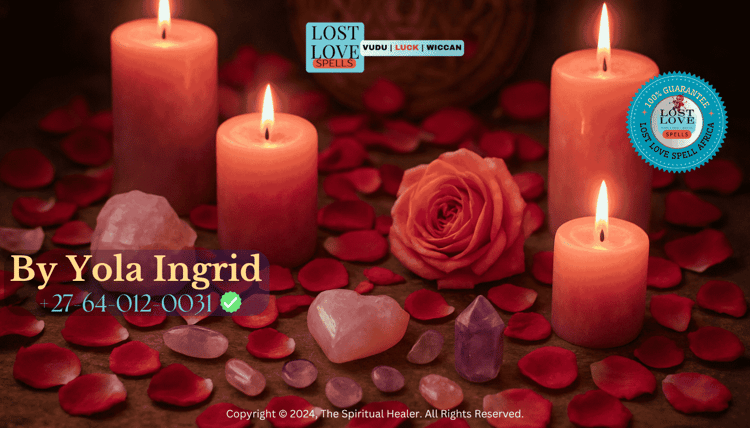 Beautiful love spell altar with pink candles, rose petals, and crystals representing sacred energy