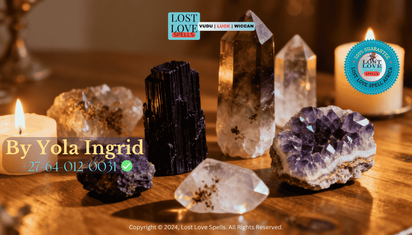 Black tourmaline, smoky quartz, and amethyst arranged for protection and love spell removal cleansing. (1)