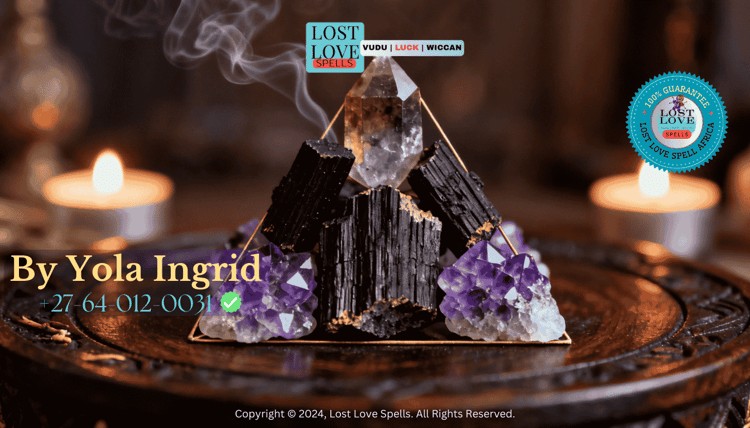 Black tourmaline, smoky quartz, and amethyst arranged for protection and love spell removal cleansing.