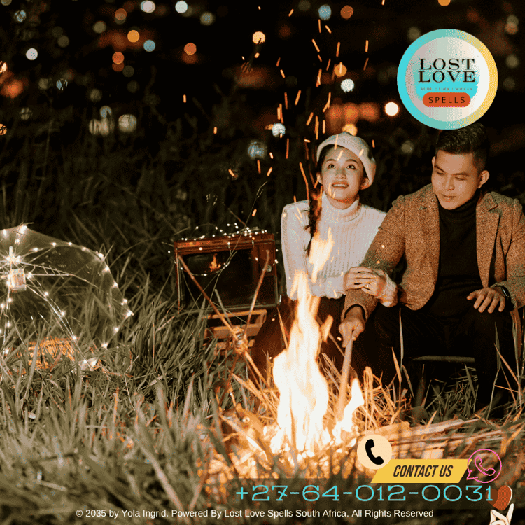 Bonfire under a midsummer night sky with couples dancing
