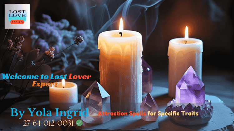 Candle and crystals arranged for trait-specific attraction spell