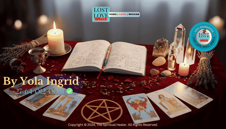 Candle, notebook, and crystals on a love spell altar used for tracking spell results and energy signs.