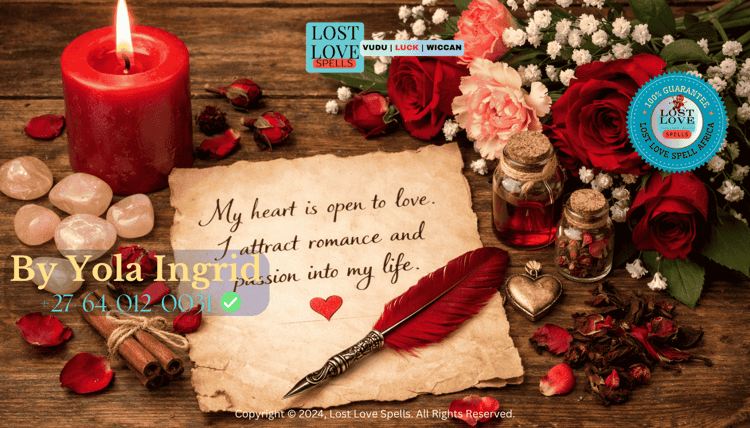 Candle, written intention, and flowers arranged on a table representing common ingredients used in love spells and their symbolism. (1)