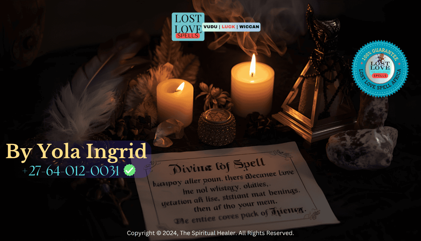 Candle-lit altar with feathers, crystals, and a love spell scroll representing divine confirmation