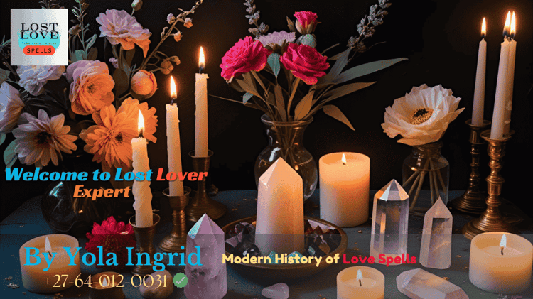 Candlelit altar with crystals, flowers, and love spell tools