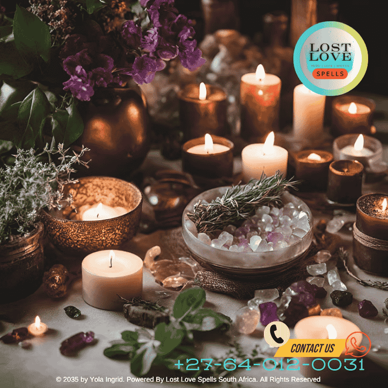 Candles, crystals, and herbs arranged for a lost love spell ceremony. (2)