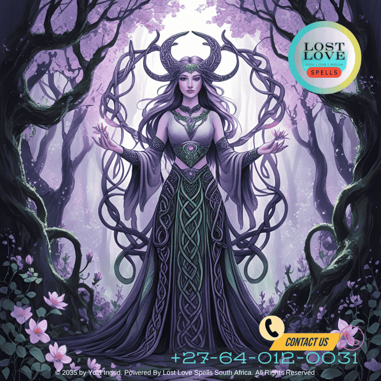 Celtic-style drawing of Blodeuwedd surrounded by blossoms and magical vines
