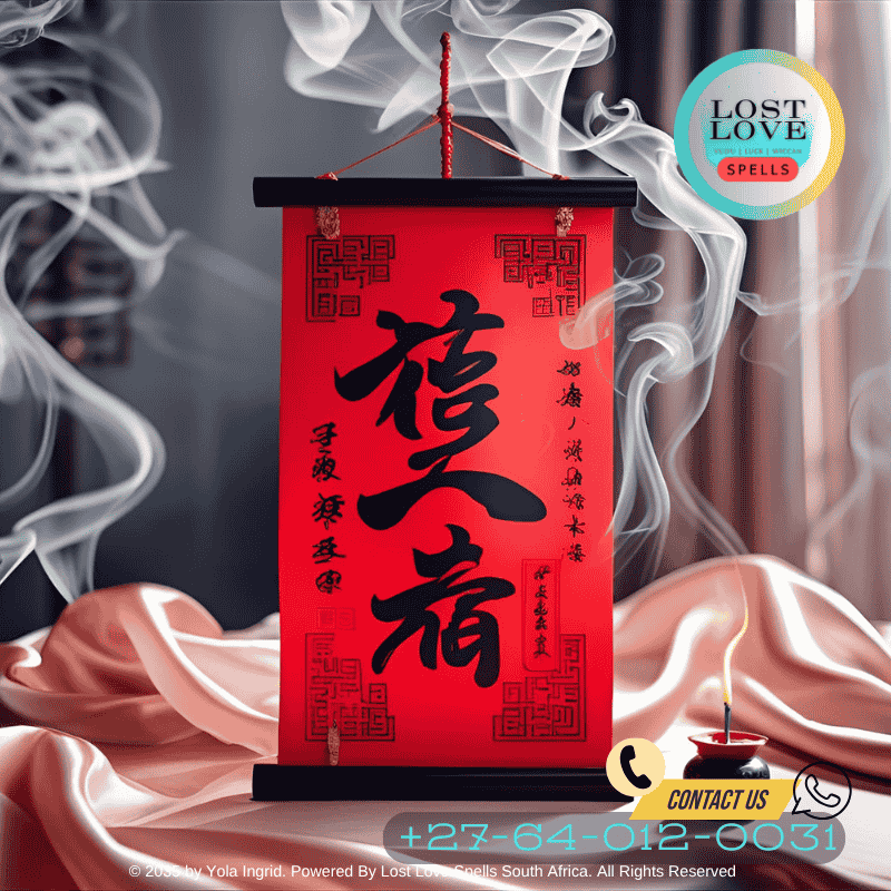 Chinese love talisman scroll with red calligraphy and incense smoke (2)