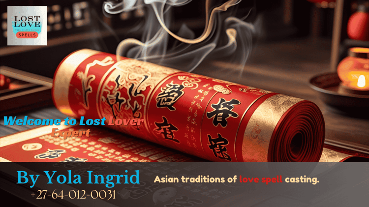 Chinese love talisman scroll with red calligraphy and incense smoke