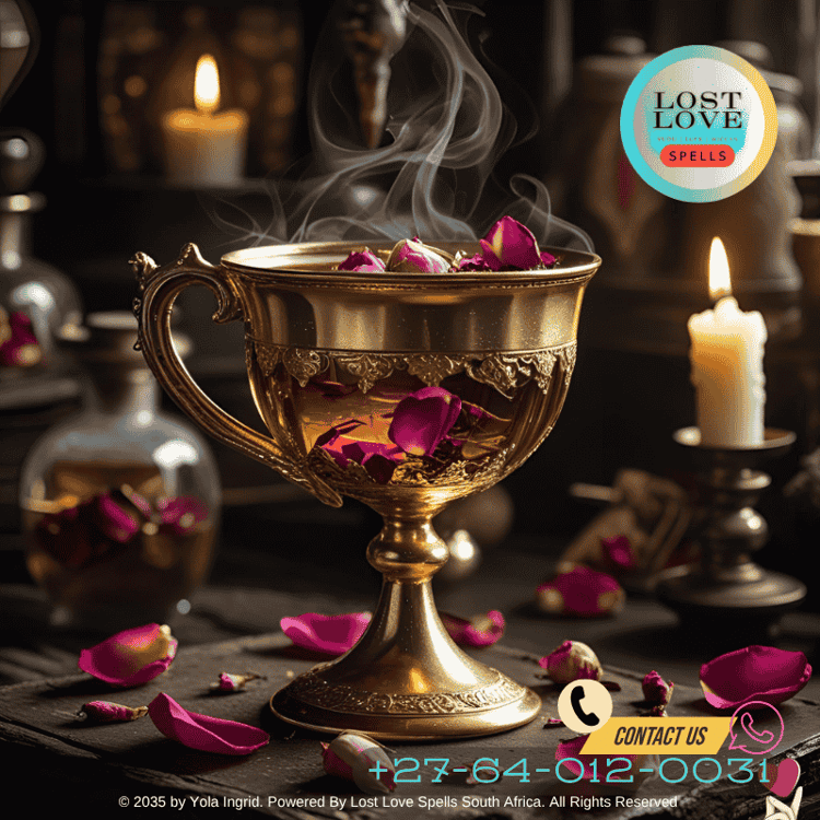 Close-up of a golden chalice with herbal brew and rose petals