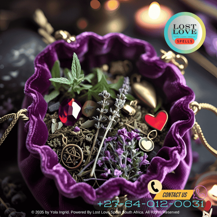 Close-up of a velvet pouch filled with love spell herbs and tiny charms