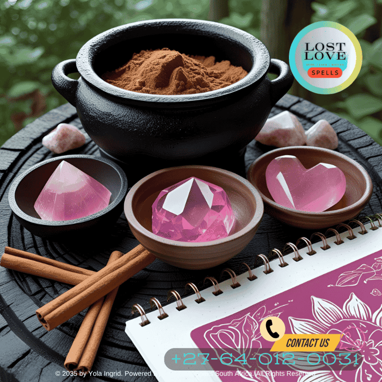 Close-up of ritual tools cauldron, cinnamon, pink crystals, and love spell journal