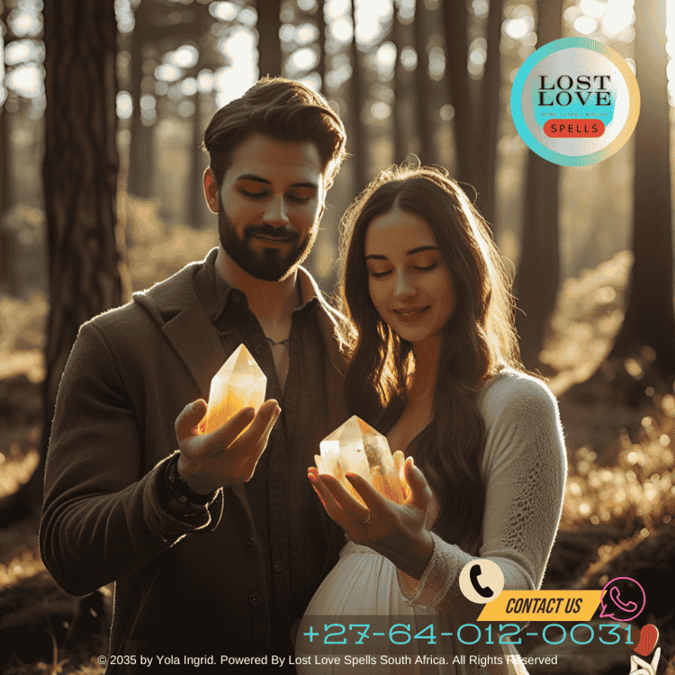 Couple holding crystals during fertility spell ceremony