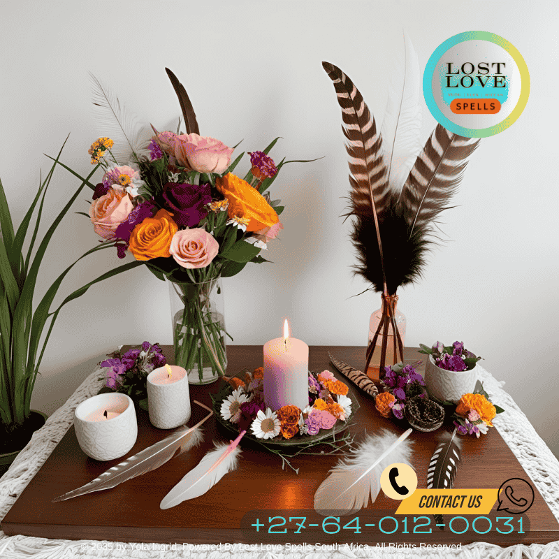 Cultural artifacts like incense, feathers, and sacred herbs used in global love magic practices.