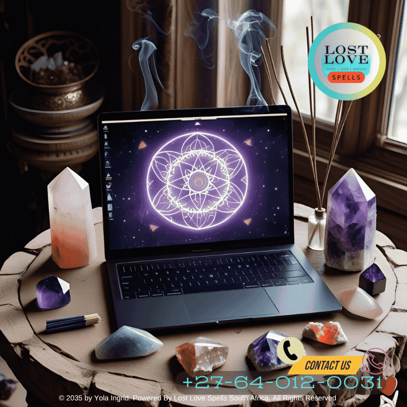 Digital altar setup with crystals, incense, and an open laptop for a virtual love ritual (2)