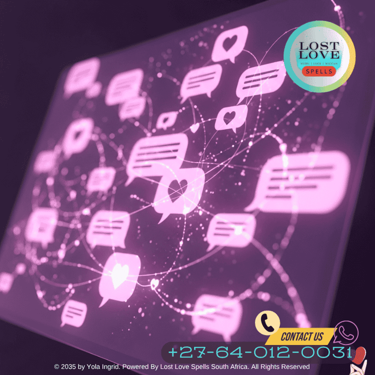 Digital screen with overlapping message bubbles and a pink aura, representing love spell energy flowing through online communication.