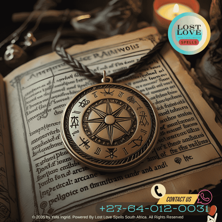 Engraved amulet with astrological and romantic symbols resting on an open spellbook