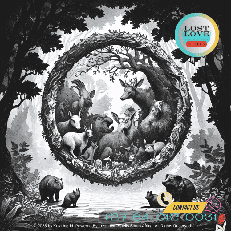 Engraving of Circe surrounded by enchanted animals in a mystical forest