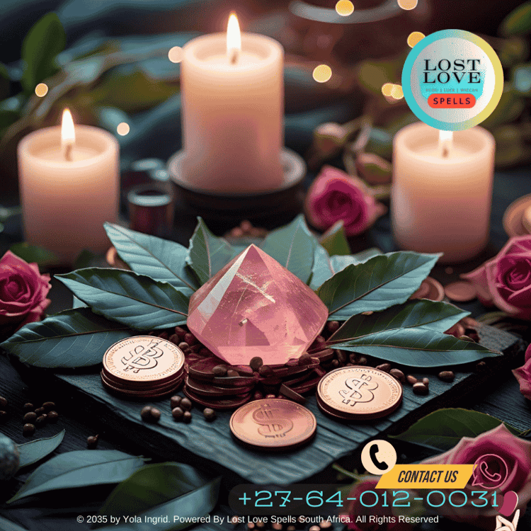 Financial love spell altar with bay leaves, coins, and rose quartz