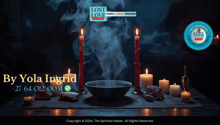 Four-element love spell altar with candles, water bowl, crystals, and incense.