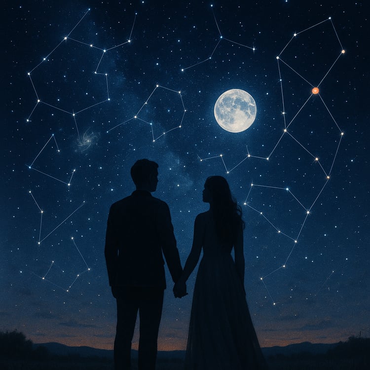 A couple standing under a starlit sky with visible