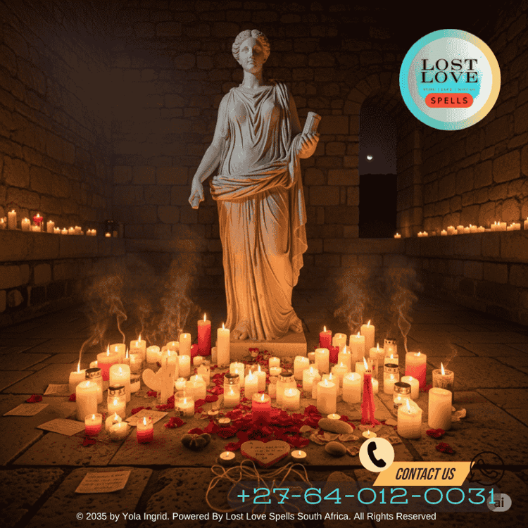 Greek goddess statue with love offering candles around it