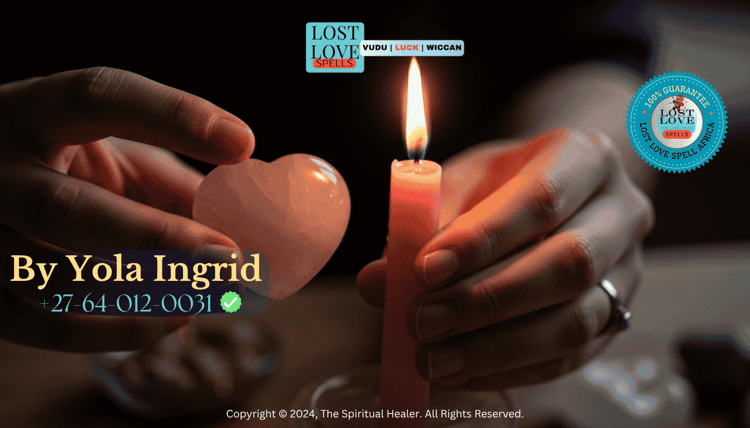 Hands holding a pink candle and rose quartz heart during a love spell correction ritual.