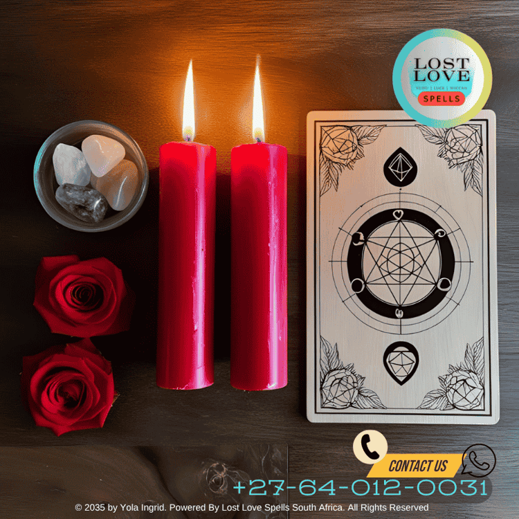 Hands performing a love spell with red petals and prayer beads under the full moon.