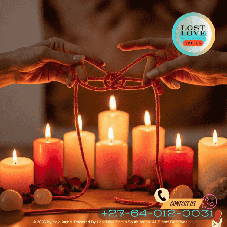Hands performing knot magic with pink cord and candles for love manifestation.