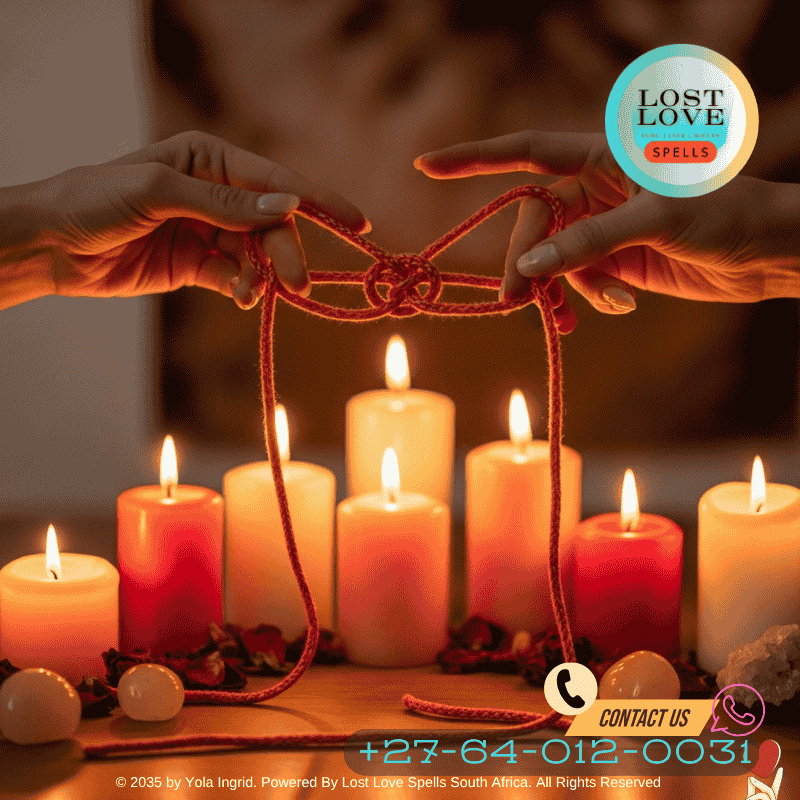 Hands performing knot magic with pink cord and candles for love manifestation.