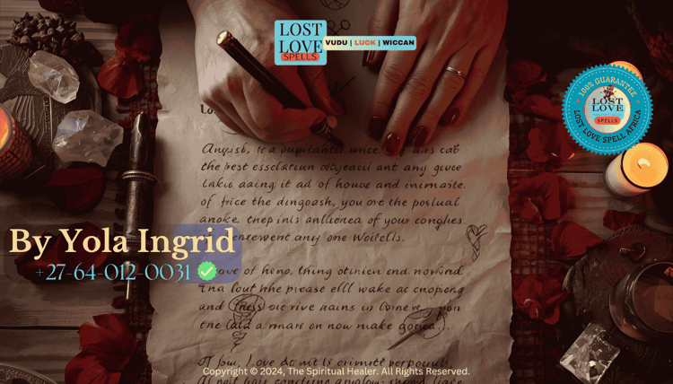 Hands writing love spell intentions on parchment with rose petals and crystals around.