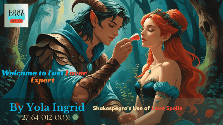 Illustration of Oberon squeezing love potion onto Titania’s eyes in an enchanted forest
