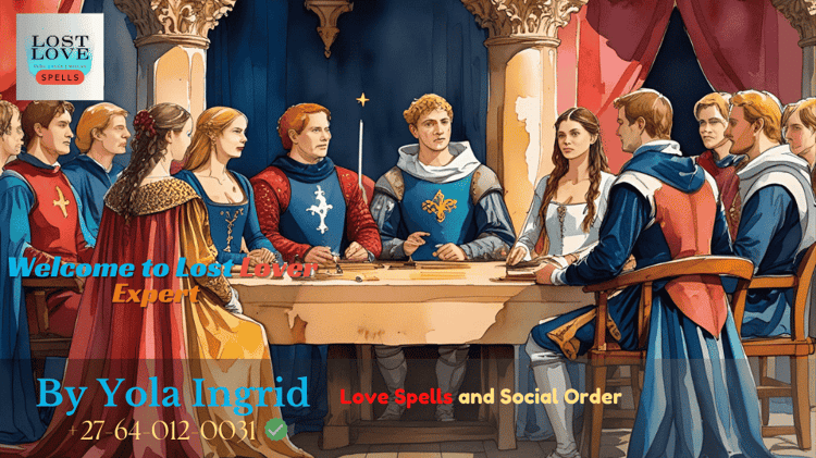 Illustration of a medieval court scene discussing love magic laws
