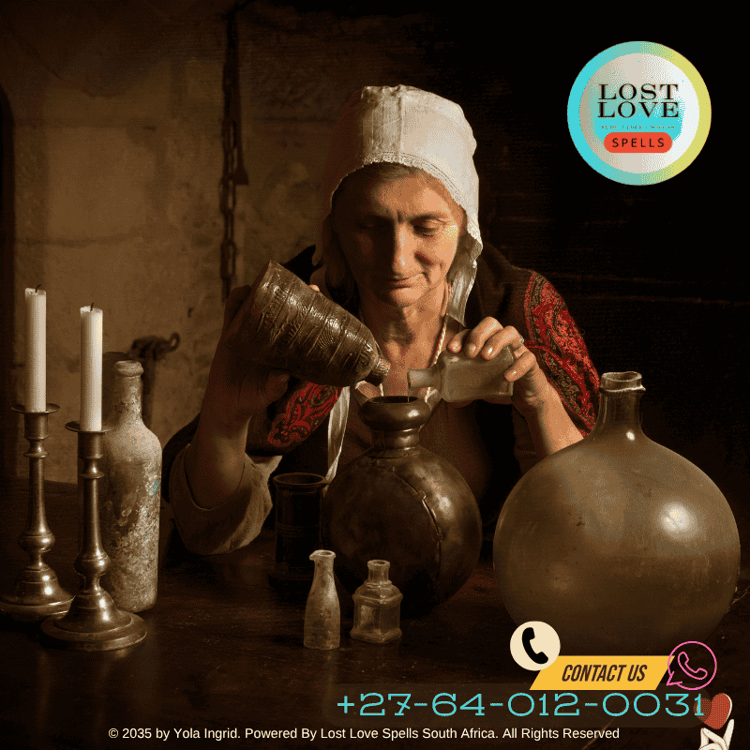Illustration of a medieval woman preparing a love potion with labeled herbs