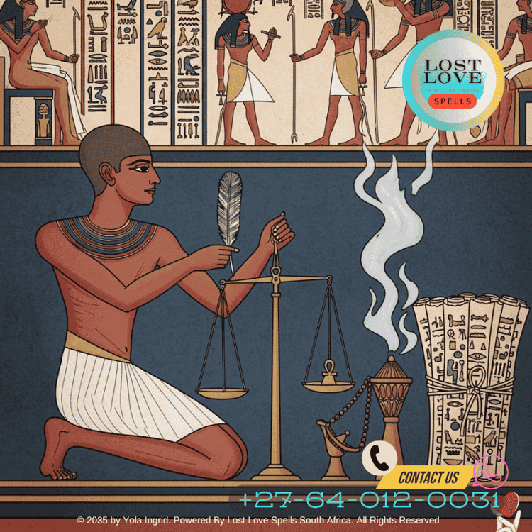 Illustration of ancient scribe weighing a feather (symbol of maat) beside incense and scrolls