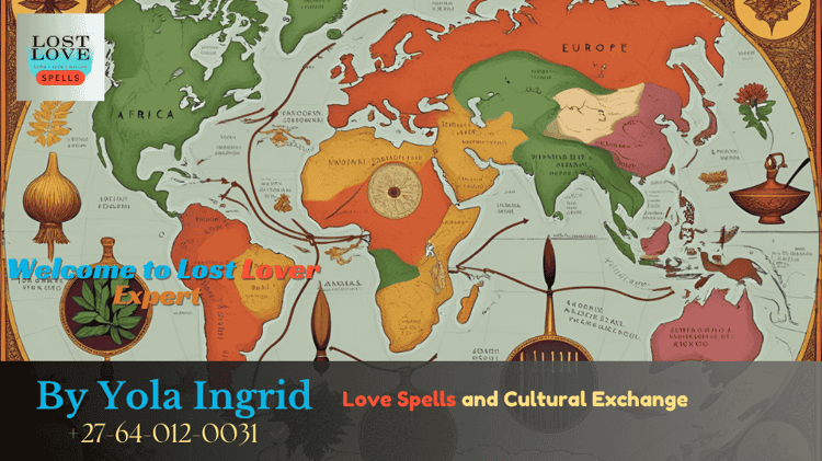 Illustration of trade route paths connecting symbolic herbs, incense, and ritual tools from Africa, Asia, Europe