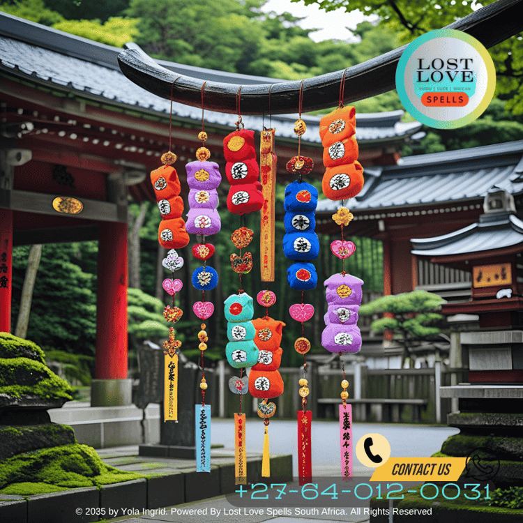 Japanese omamori love charms hanging at a Shinto shrine